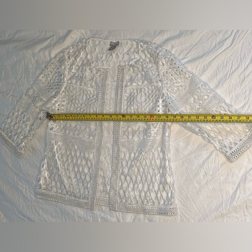 Chico’s Travelers White Open Knit Cardigan Sheer Crochet 3/4 Sleeve Jacket 4/6P - Picture 8 of 11